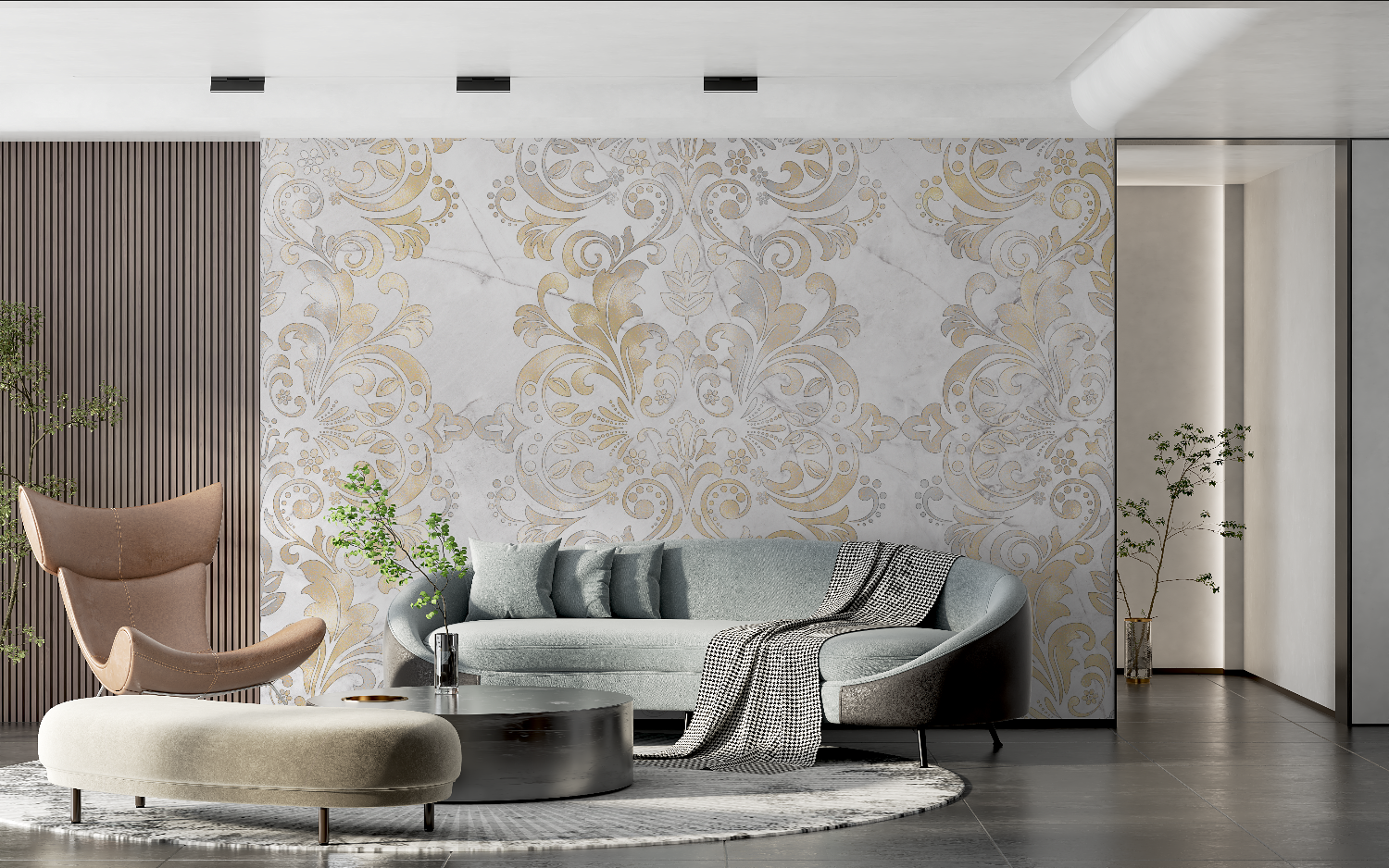 Beige and Gold Baroque Mural Wallpaper