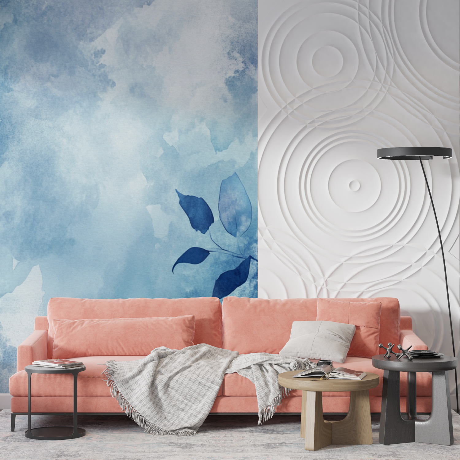 Papel de parede Aquarela Abstract Blue Leaves | Murais Papel de parede
