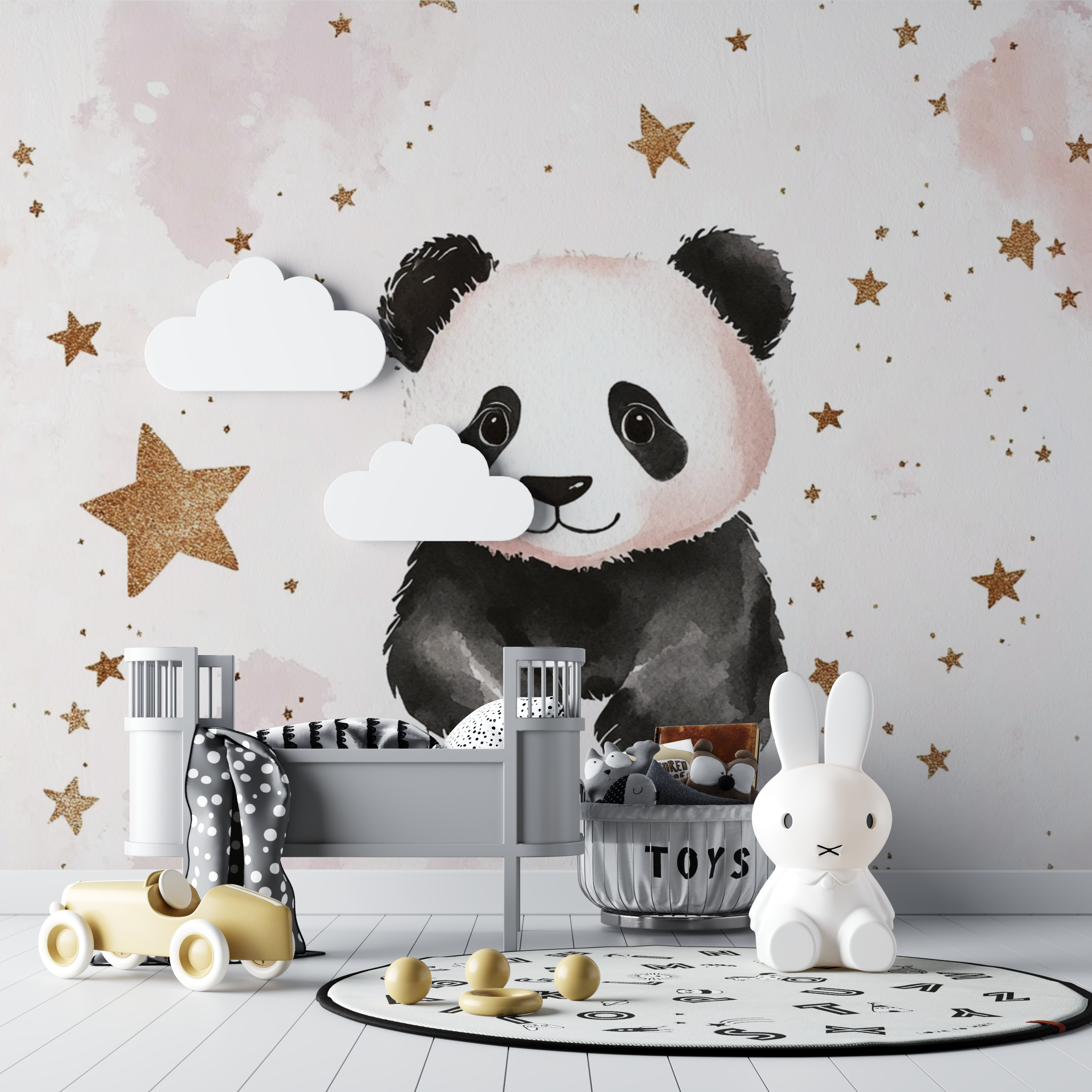 Panda und goldene Sterne Tapete | Wandbilder Tapete