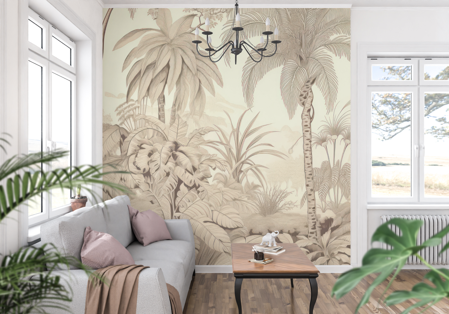 Jungle Beige Toile de Jouy Wallpaper | Murals Wallpaper
