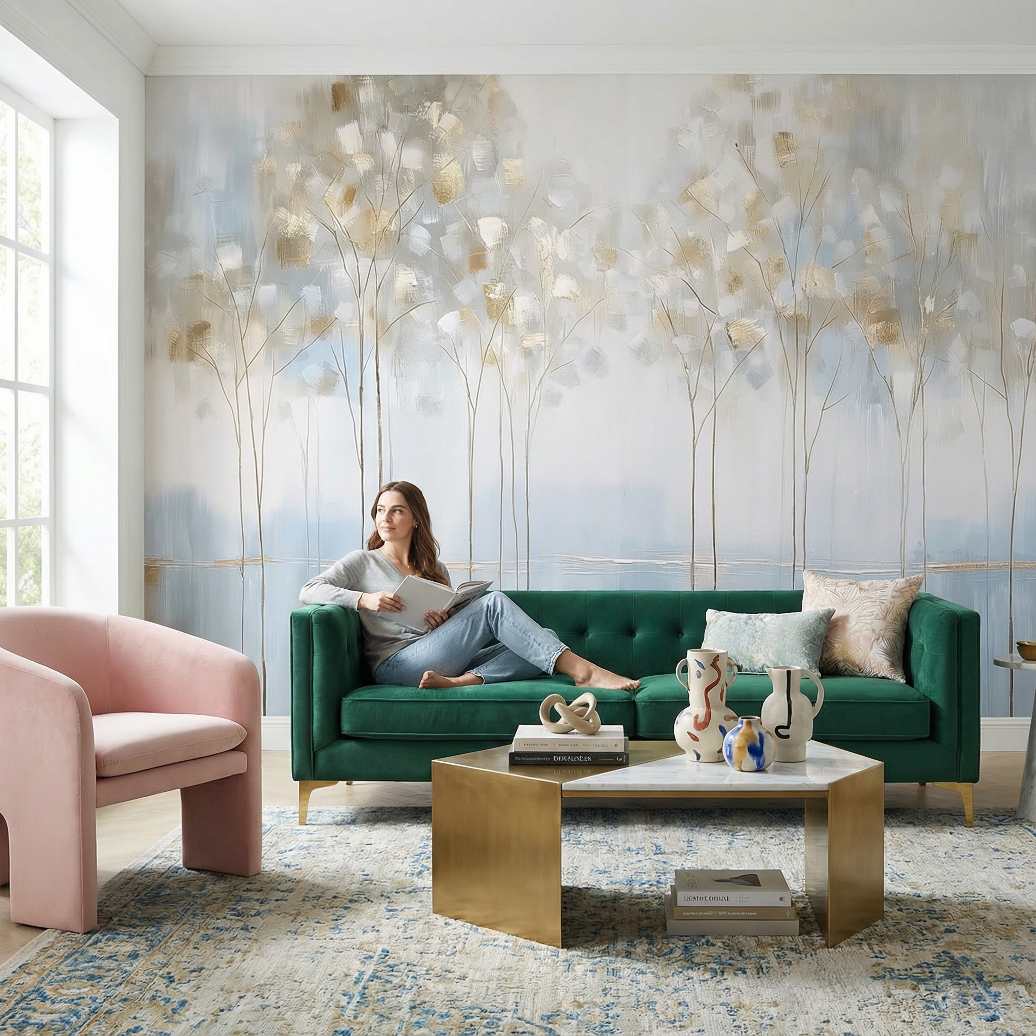 Abstract Gold and Blue Trees Mural Wallpaper