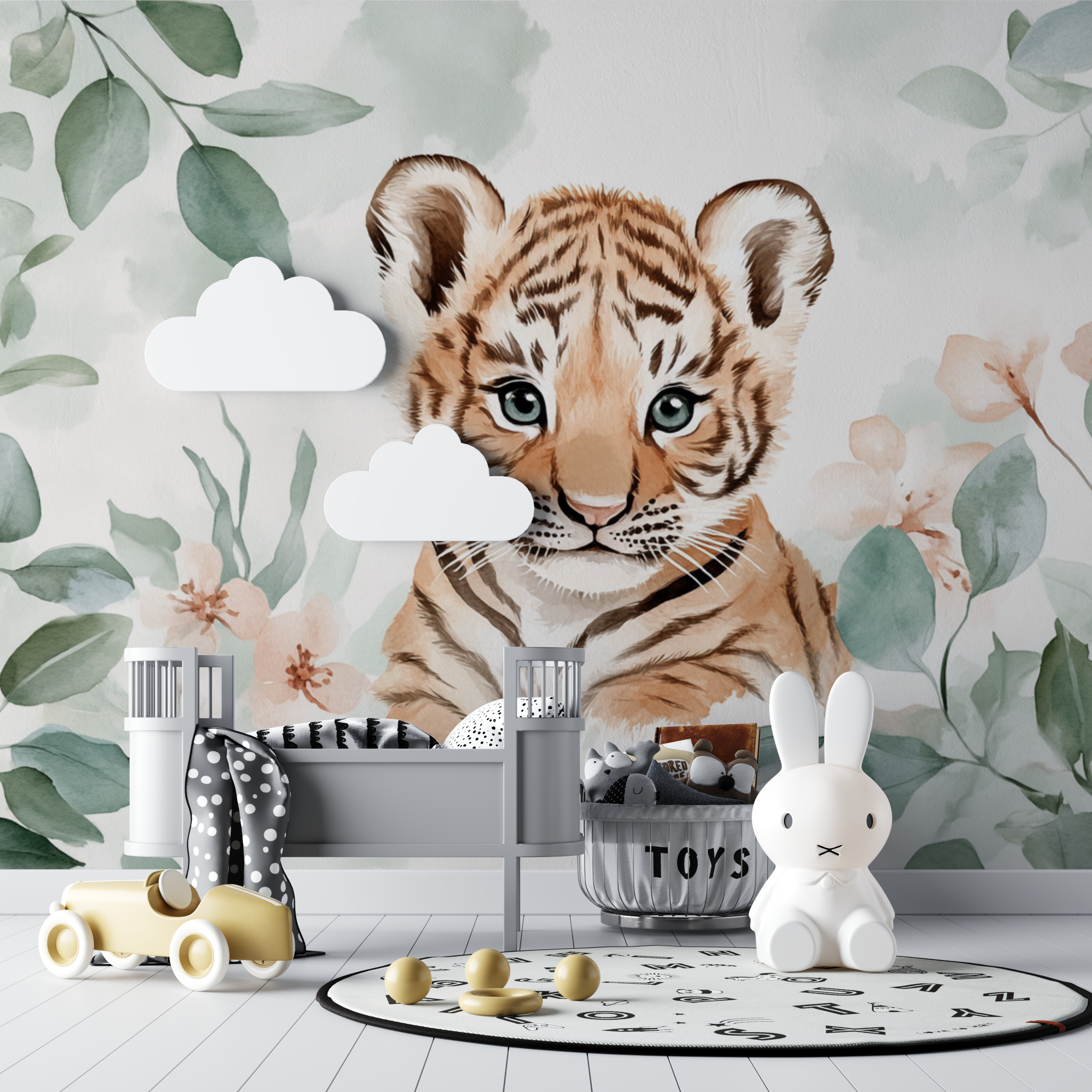 Tiger and Eucalyptus Leaves Wallpaper | Murals Wallpaper