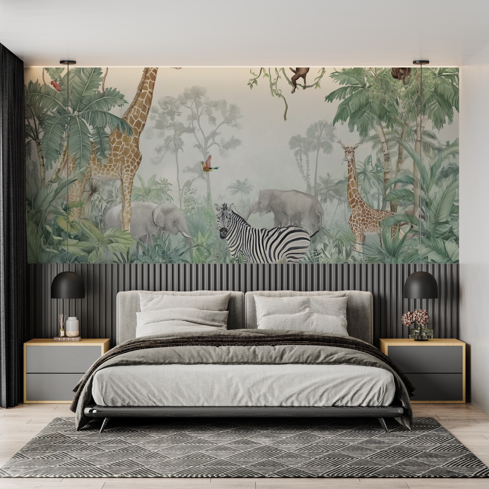 Aquarel jungle animals mural wa...er chambre adulte tendance