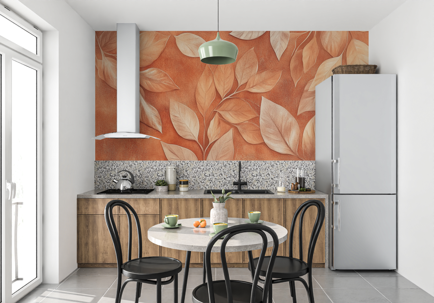 Terracotta Wallpaper with Golden Leaves | Murals Wallpaper
