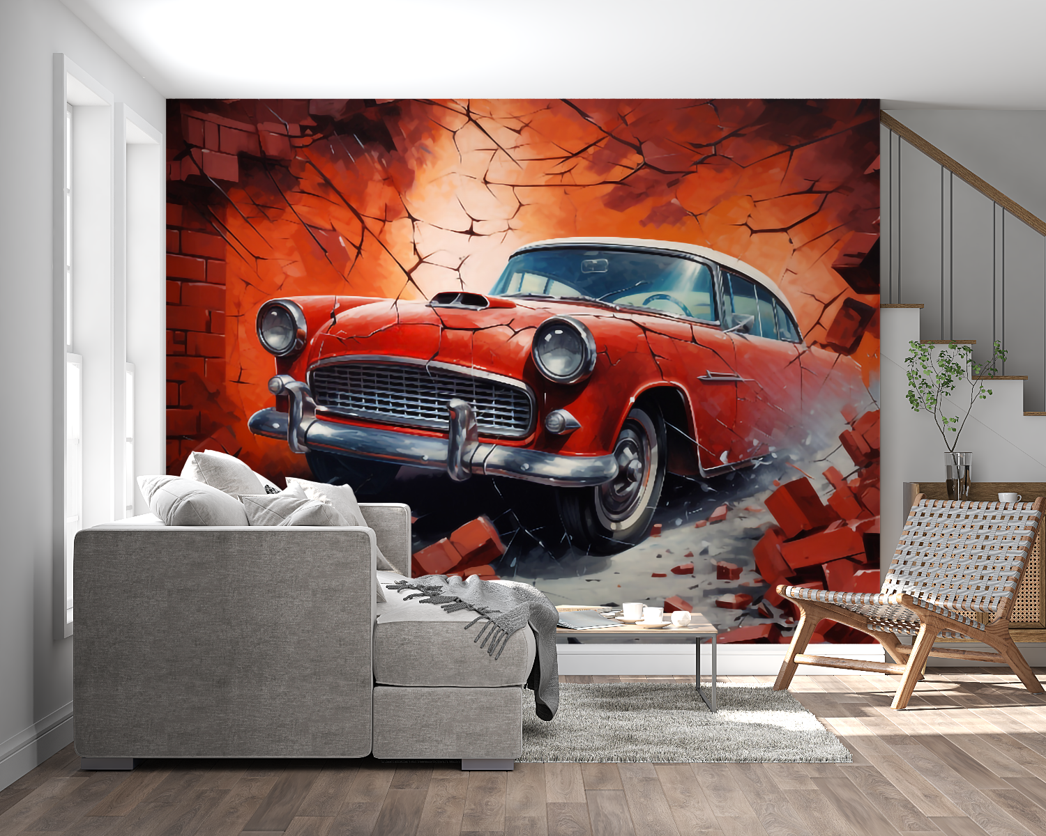 3D Brick Car Mural Wallpaper | Murals Wallpaper