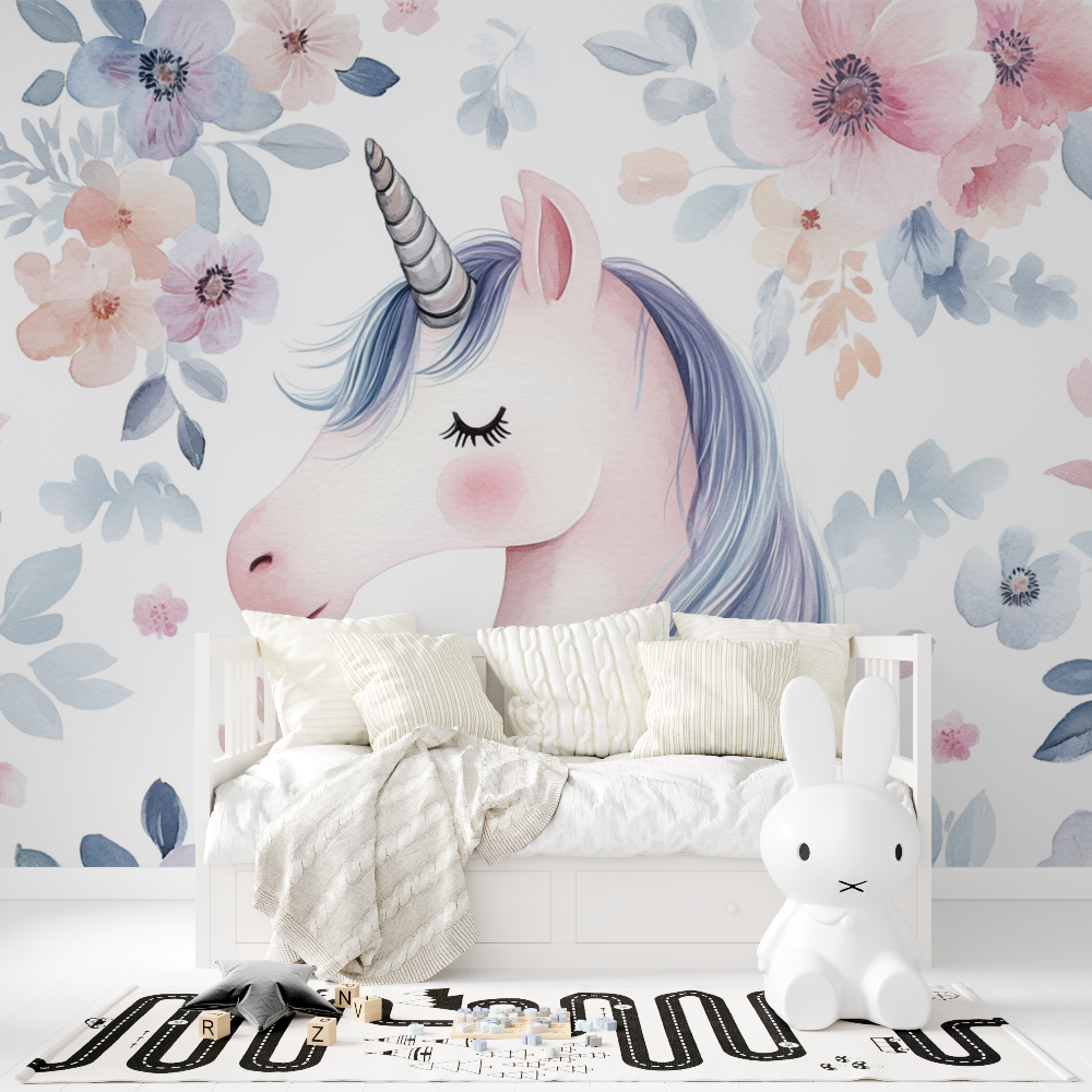 Unicorn Girl Wallpaper Floral Border | Murals Wallpaper