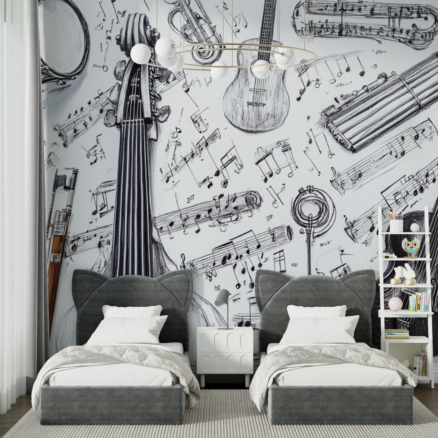 Instrumente-Tapete in Schwarz-Weiß | Wandbild-Tapete