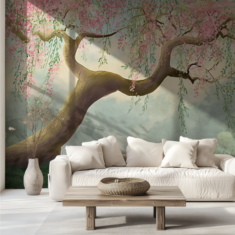 Papel de parede mural panorâmico da cerejeira canape tendance