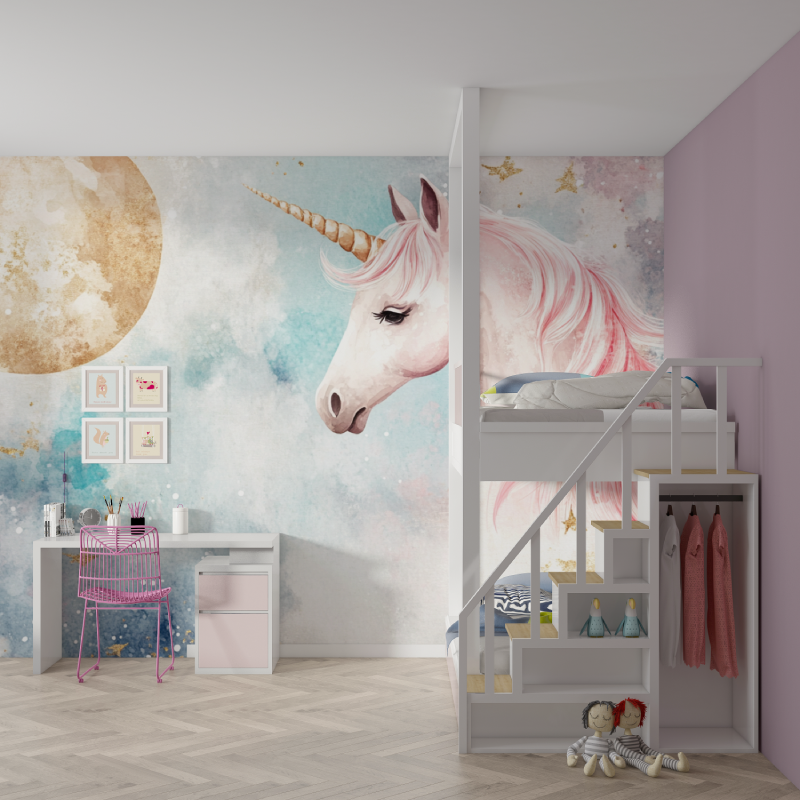 Unicorn Headboard Wallpaper with Large Moon and Banner | Murals Wallpaper