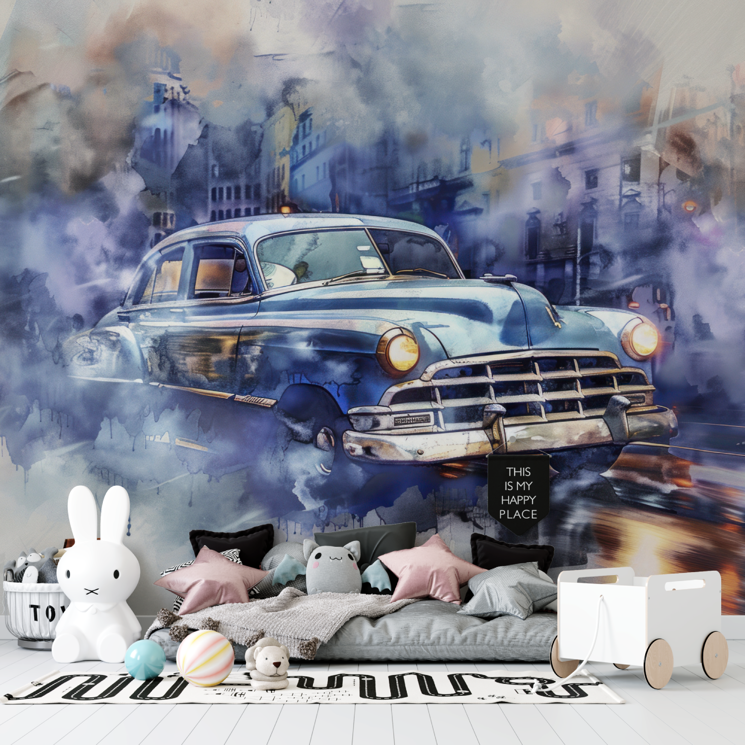 Cuban Car Blue Watercolor Wallpaper | Murals Wallpaper