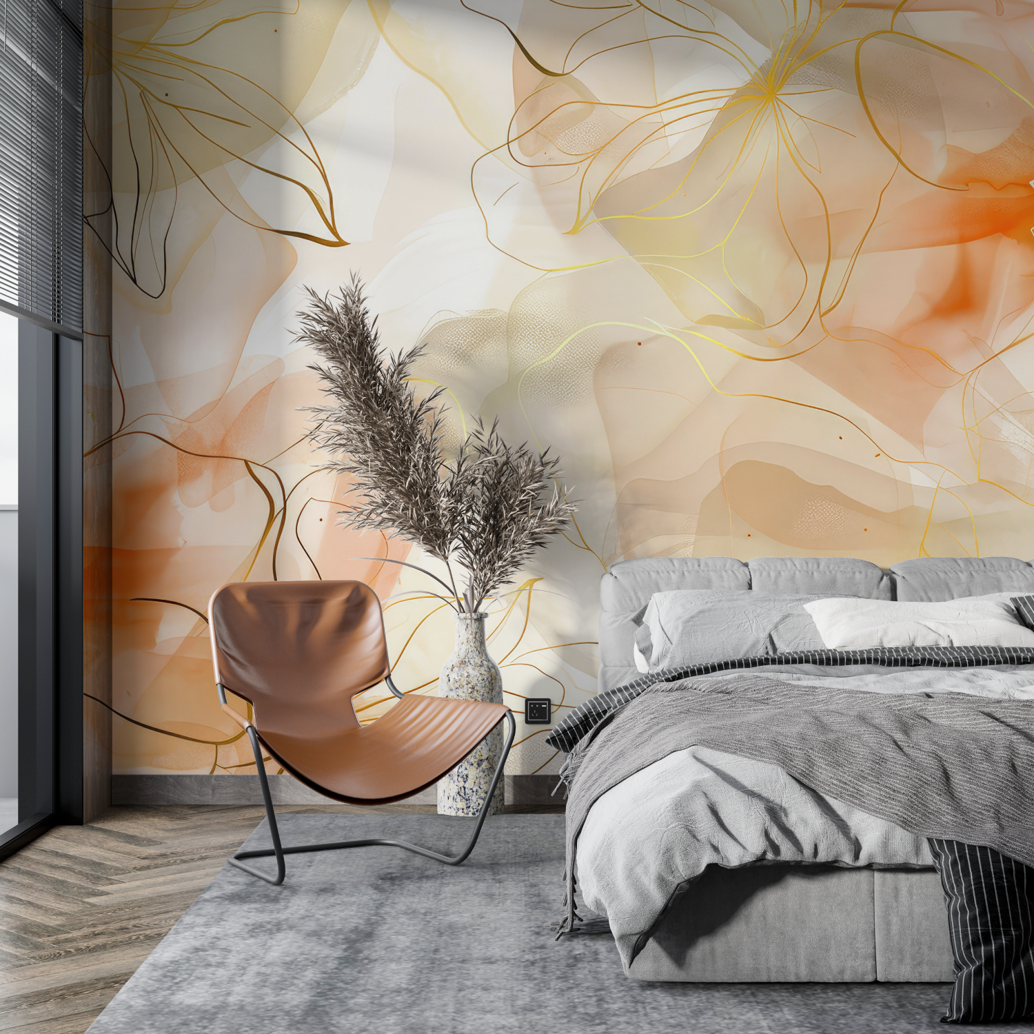 Orangefarbene Blumentapete | Wandtapete