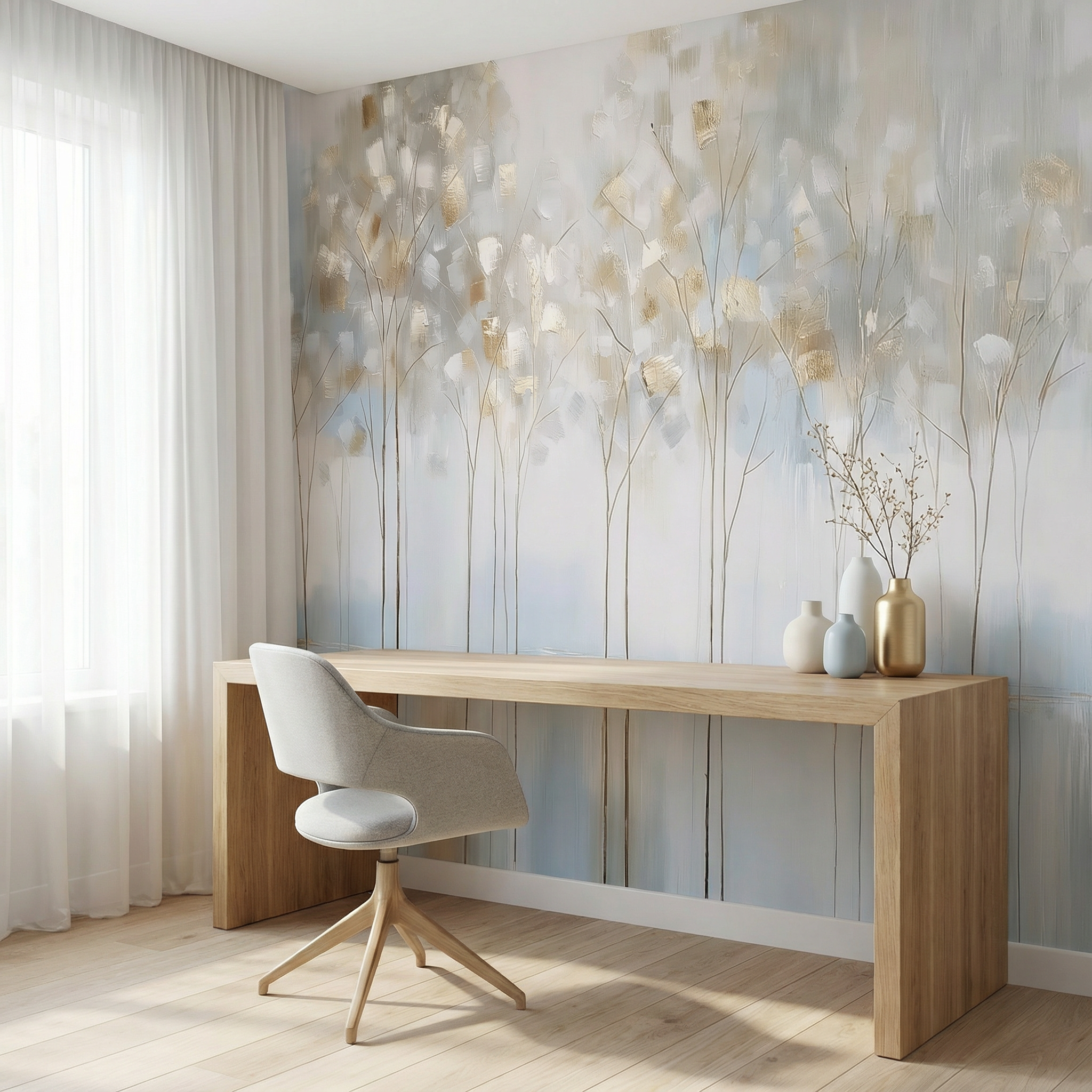 Abstract Gold and Blue Trees Mural Wallpaper