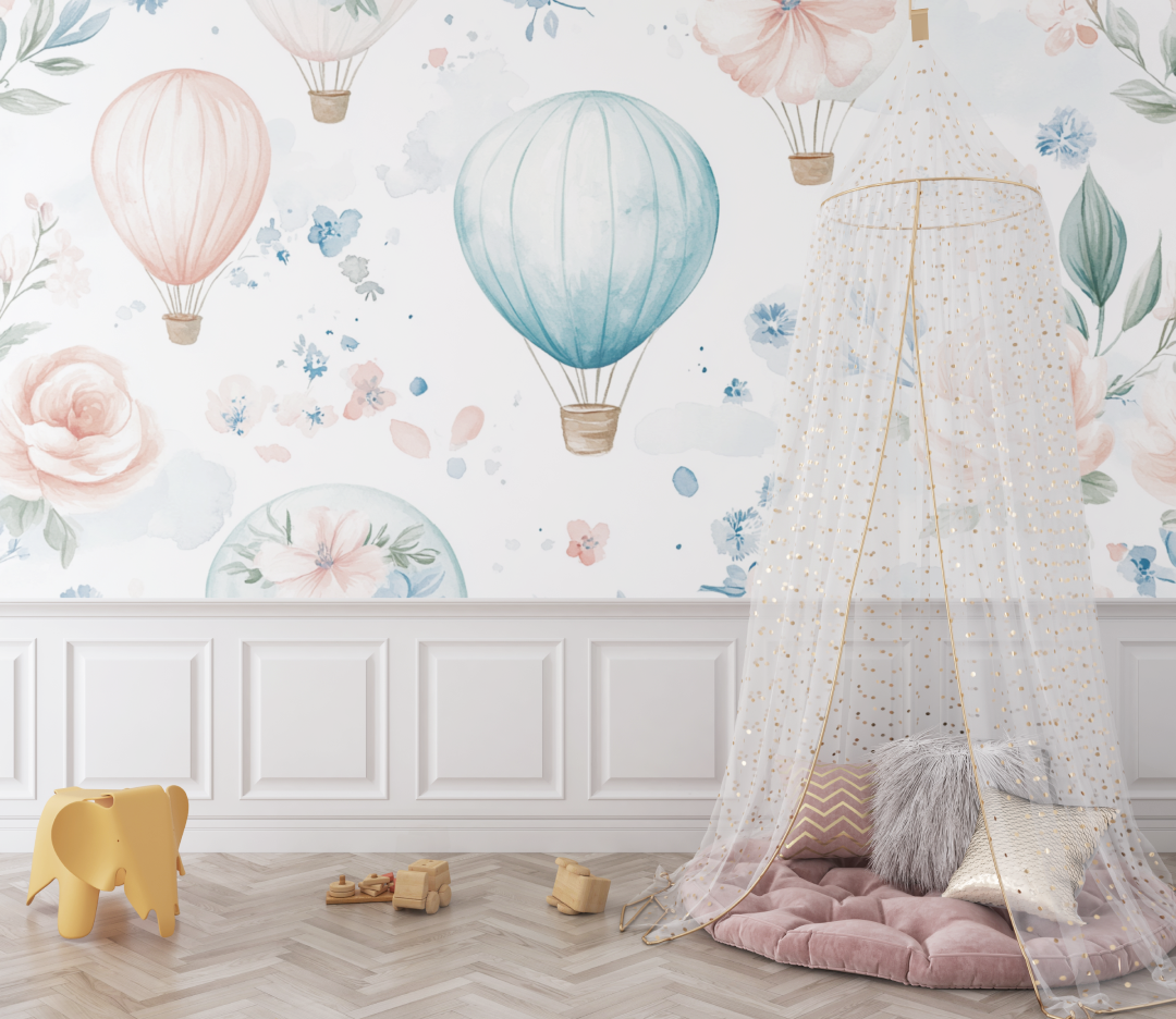 Hot Air Balloon and Delicate Flowers Wallpaper | Murals Wallpaper