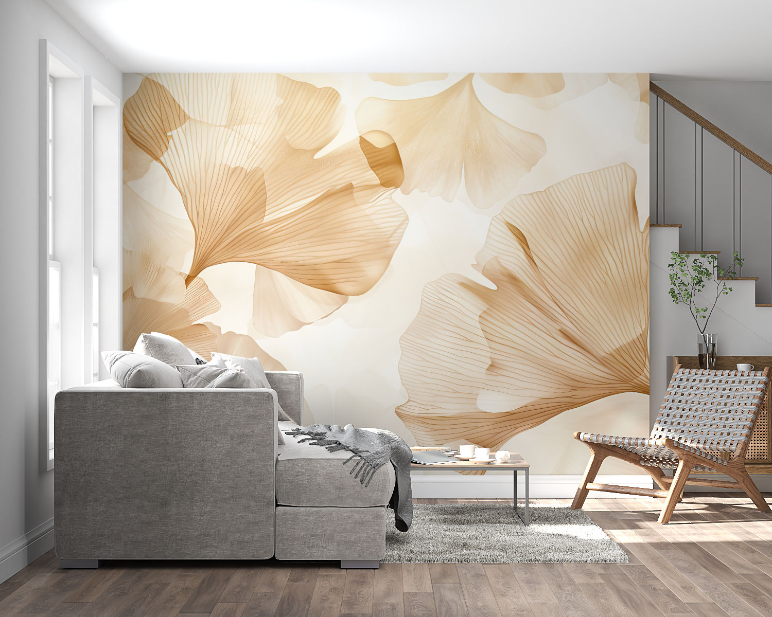 Tapetenpapier Ginkgo Beige Doré – Schlafzimmer für Erwachsene