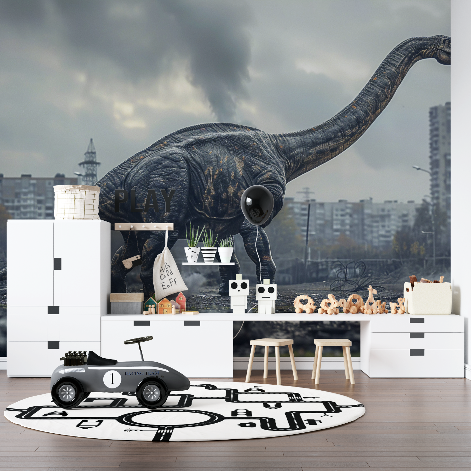 Dinosaurier-Tapete in der Stadt | Wandbilder