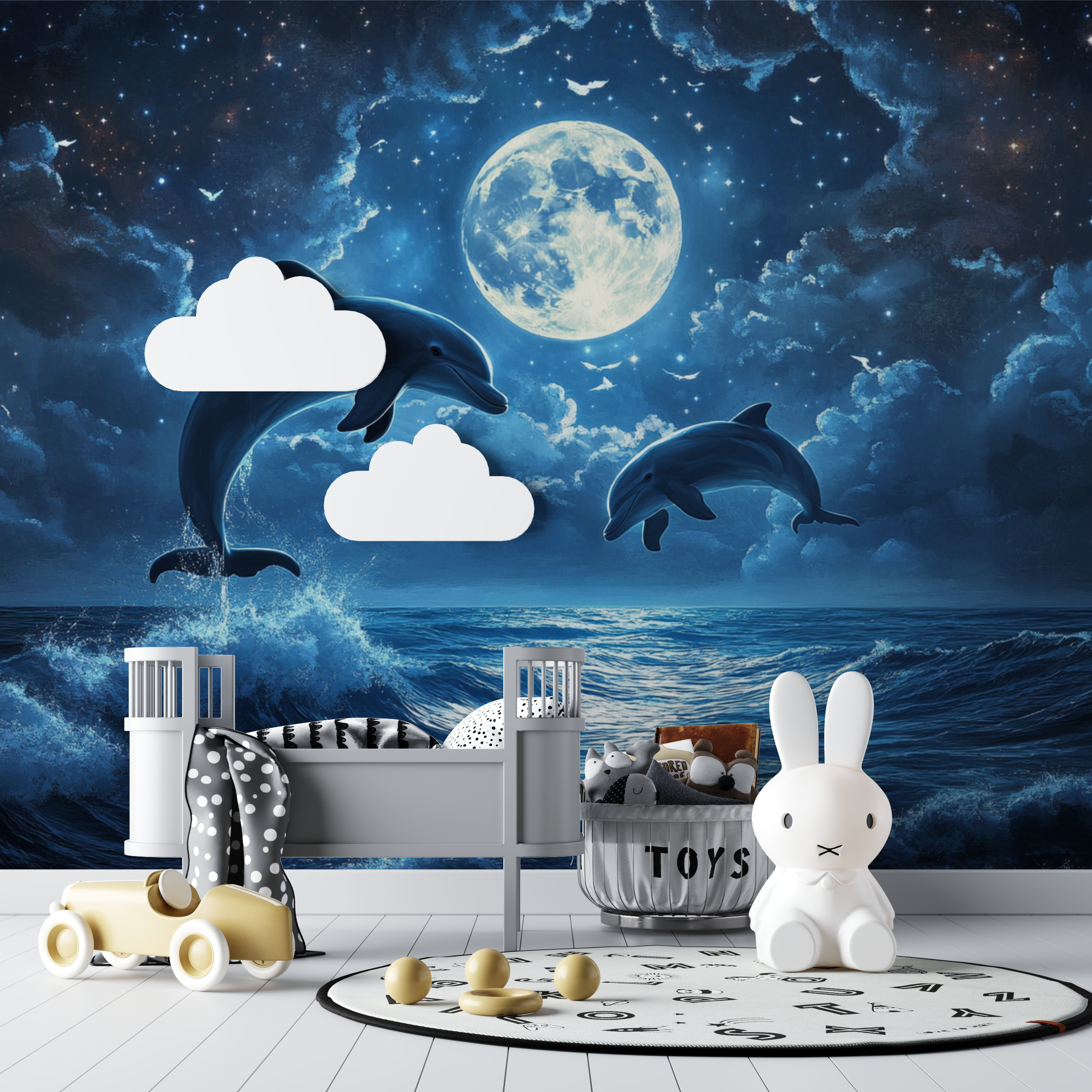 Marine Wallpaper with Dolphins and Shining Moon | Murals Wallpaper
