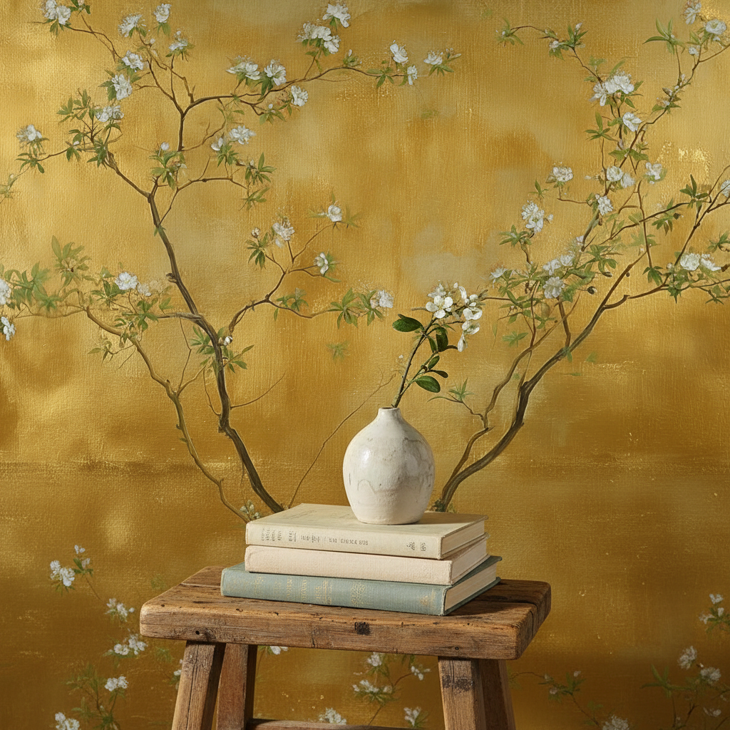 Tapete mit goldenem Chinoiserie-Blütenzweigmuster