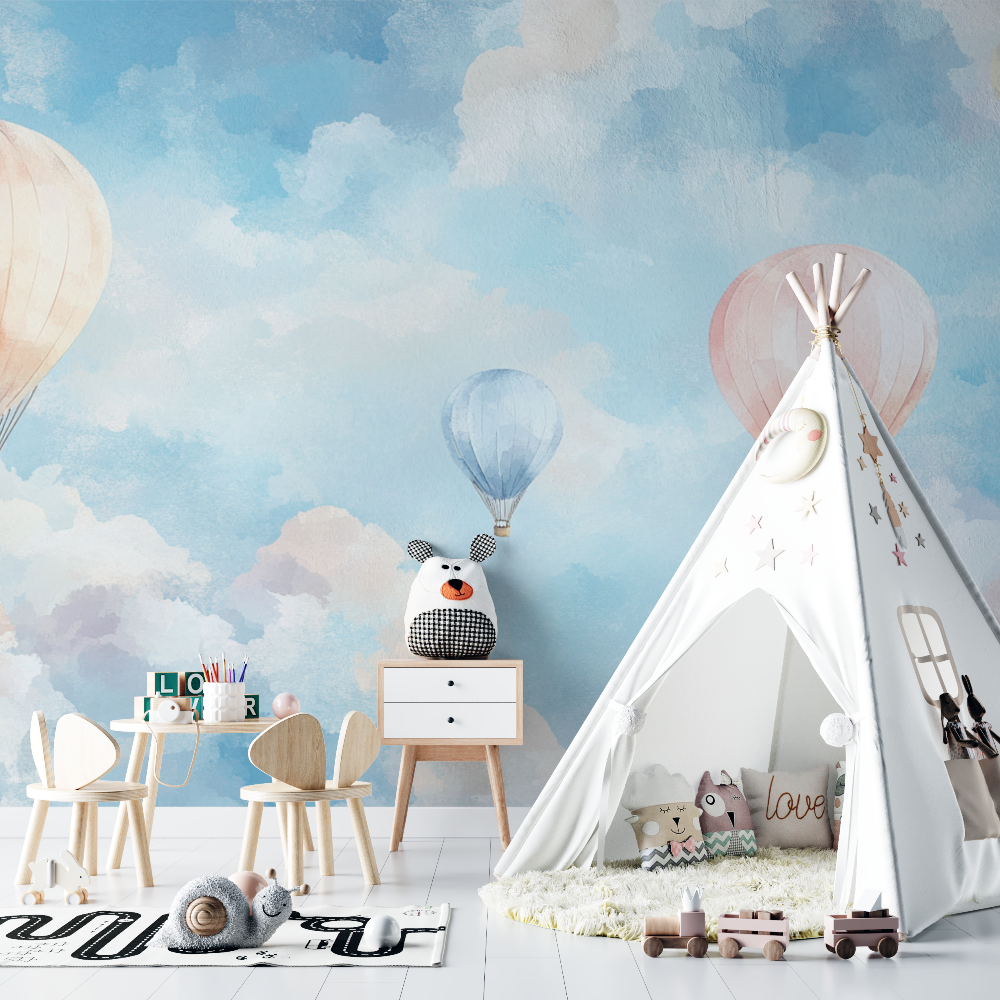 Watercolor Hot Air Balloon and Clouds Wallpaper | Murals Wallpaper