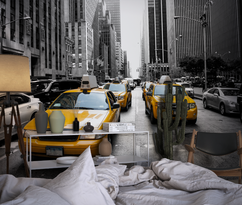 New Yorker gelbes Auto-Tapete | Wandbildtapete