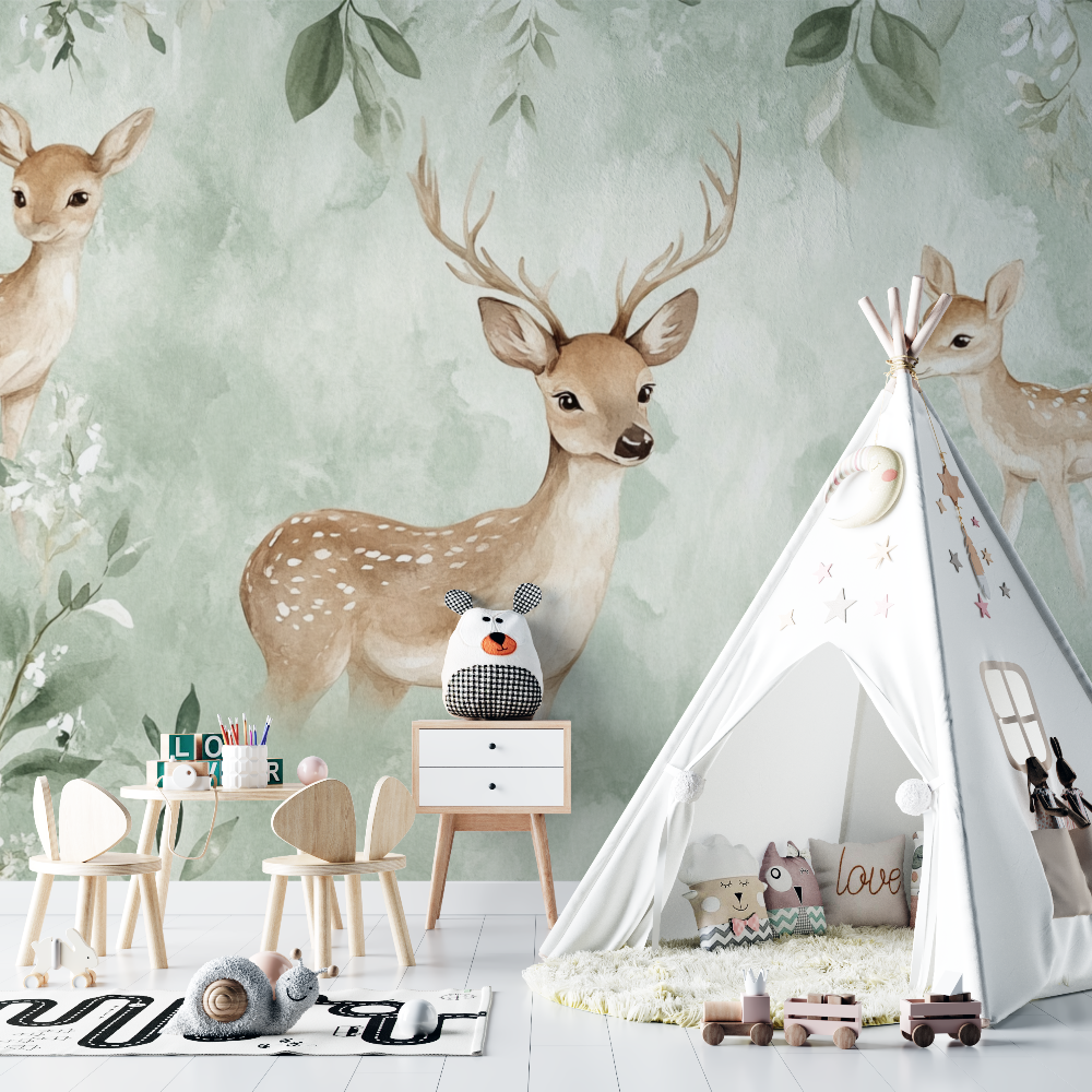 Hellgrüne Tapete mit Hirschmotiv | Wandtapete