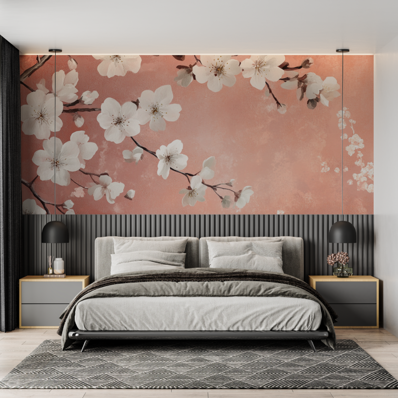 Papel de parede de terracota com flor de cerejeira | Murais Papel de parede