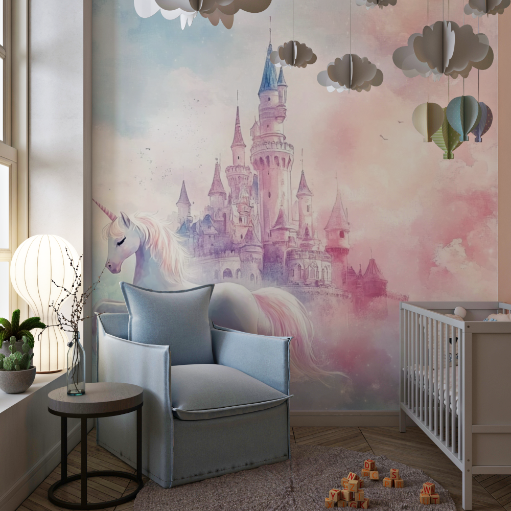 Unicorn Wallpaper for Room Decor with Clouds and Castle | Murals Wallpaper