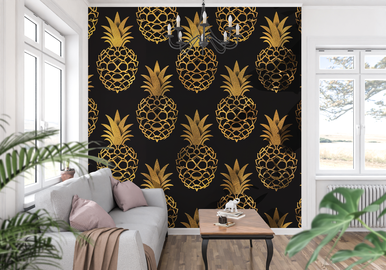 Goldene Ananas-Tapete | Wandbildtapete