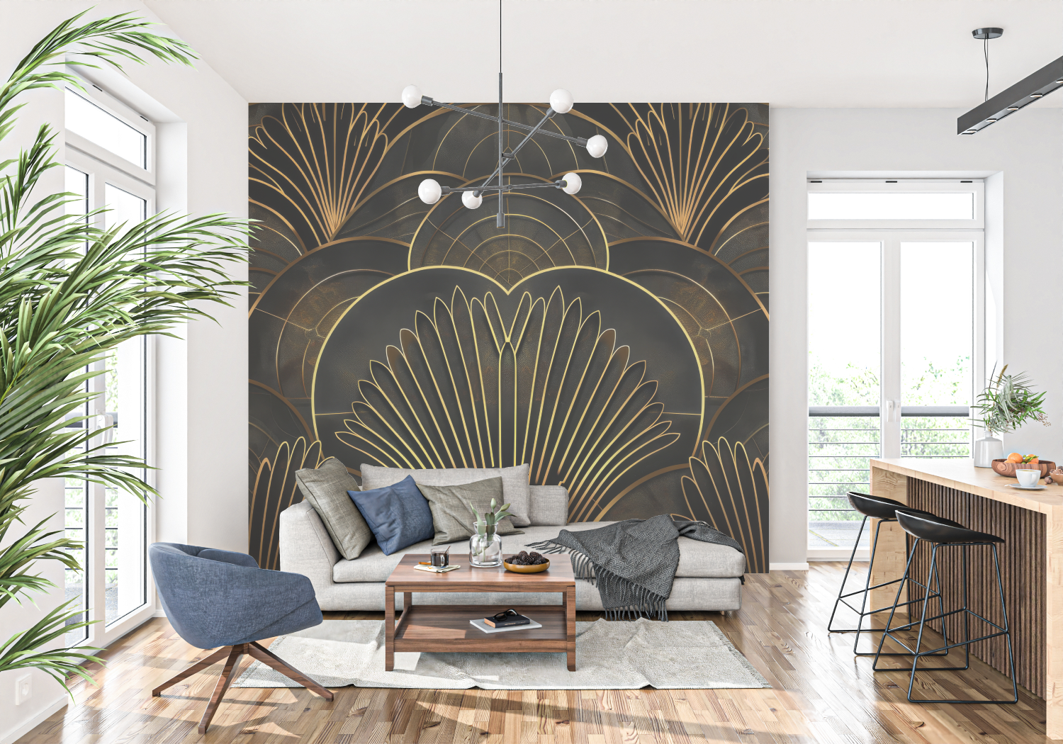 Art Deco Black and Gold Wallpaper for Living Room | Murals Wallpaper