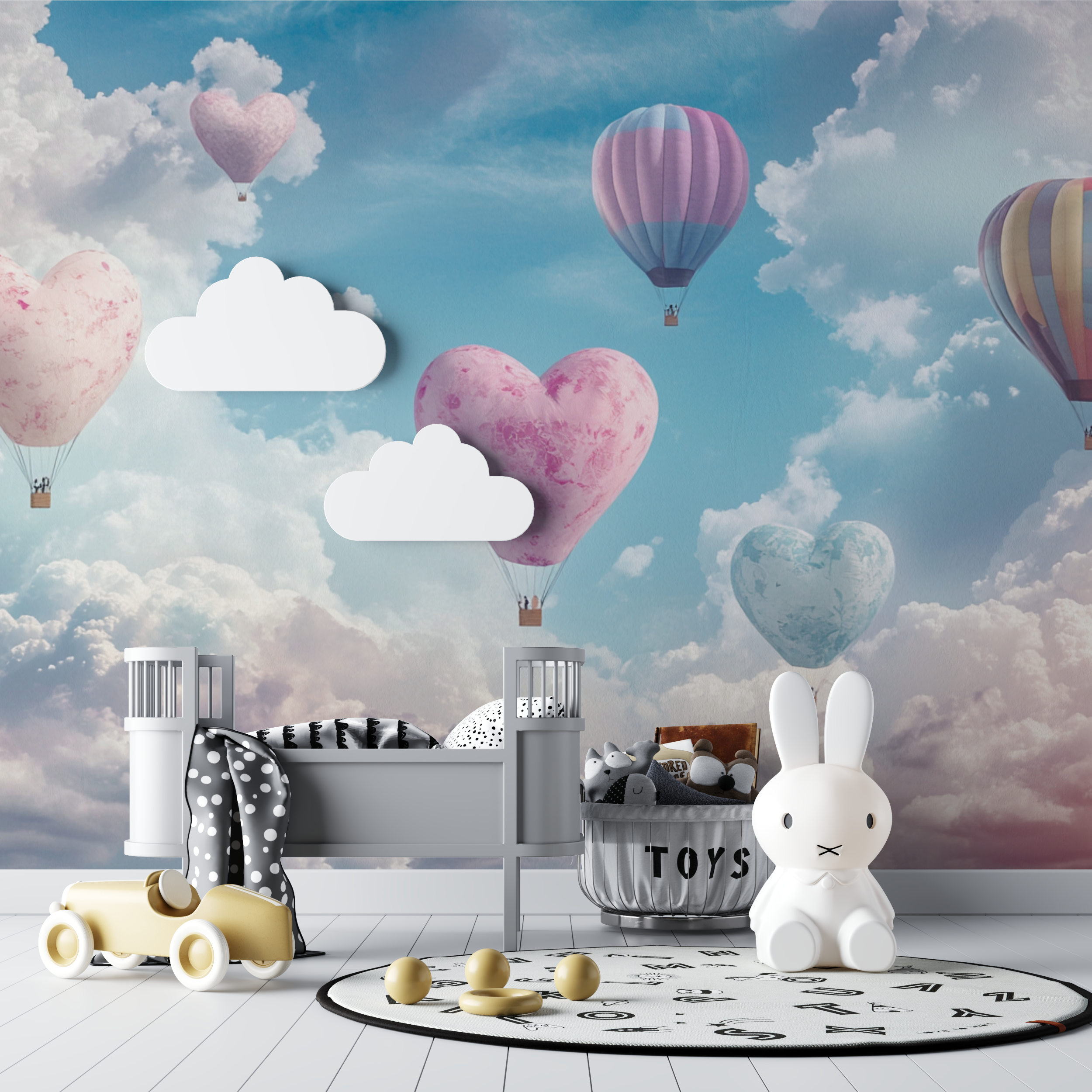 Hot Air Balloon and Heart-Shaped Clouds Wallpaper | Murals Wallpaper