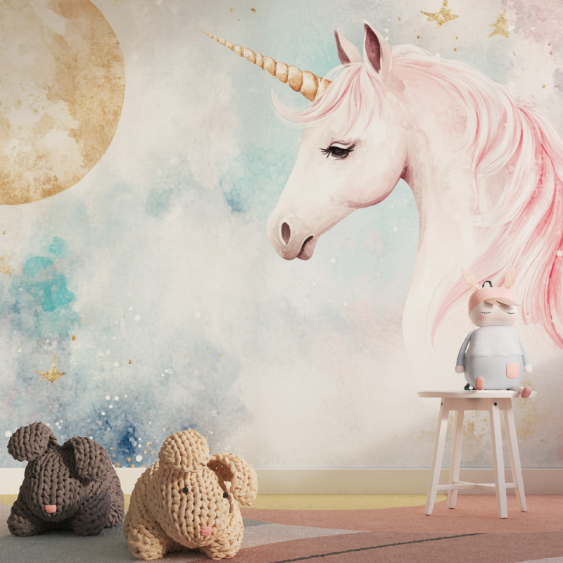 Unicorn Headboard Wallpaper with Large Moon and Banner | Murals Wallpaper