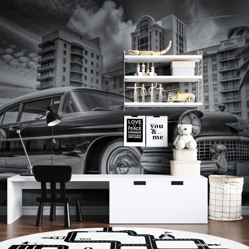 Black and White Vintage Miami Car Wallpaper | Murals Wallpaper