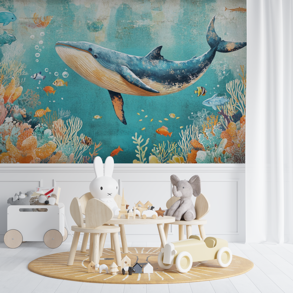 Papier peint baleine et corail chambre de bebe