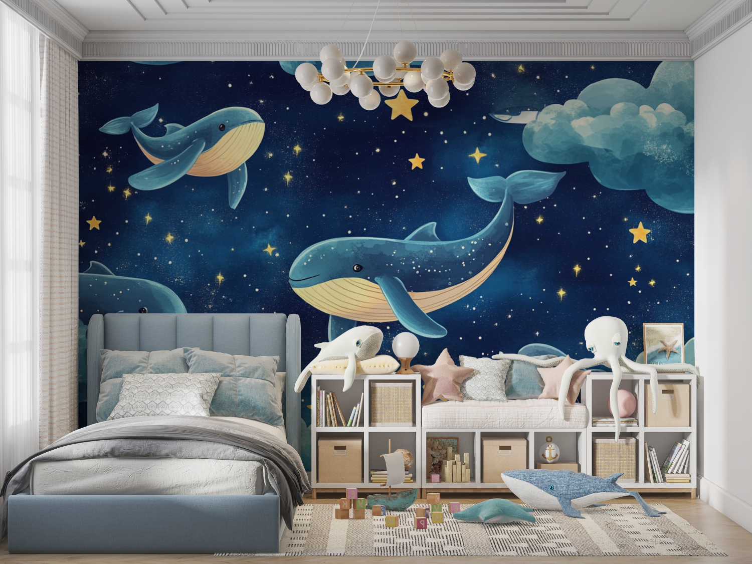 Cute Marine Blue Cloud Animal Wallpaper | Murals Wallpaper