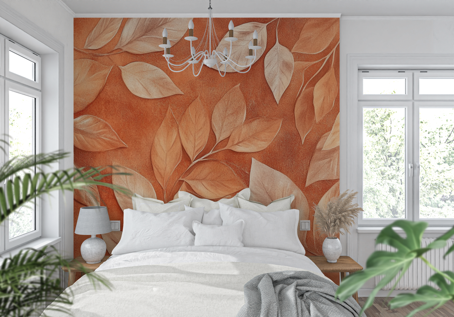 Terracotta Wallpaper with Golden Leaves | Murals Wallpaper