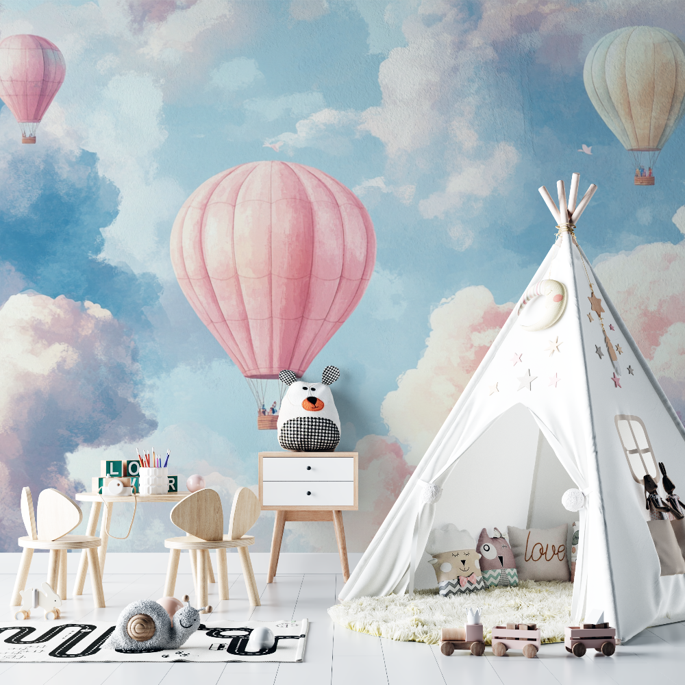 Pastel Hot Air Balloon and Clouds Wallpaper | Murals Wallpaper