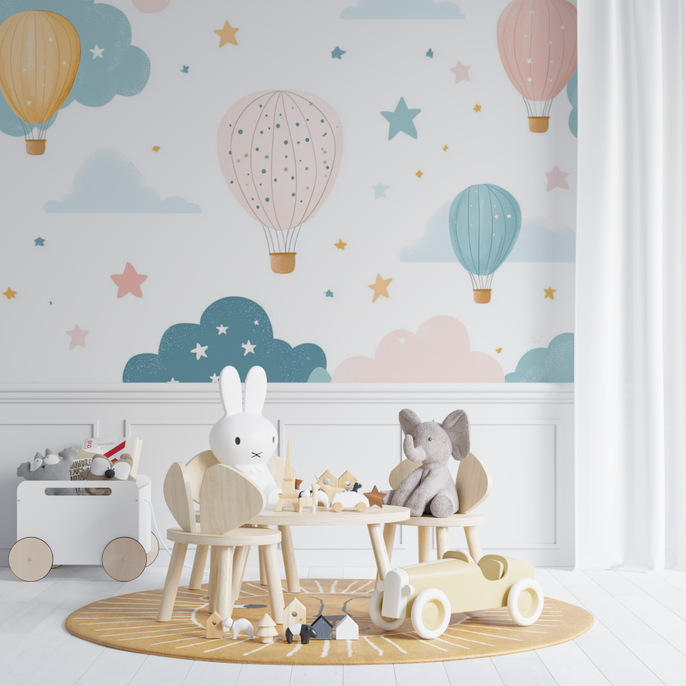 Heißluftballon und goldene Sterne Tapete | Wandbilder Tapete