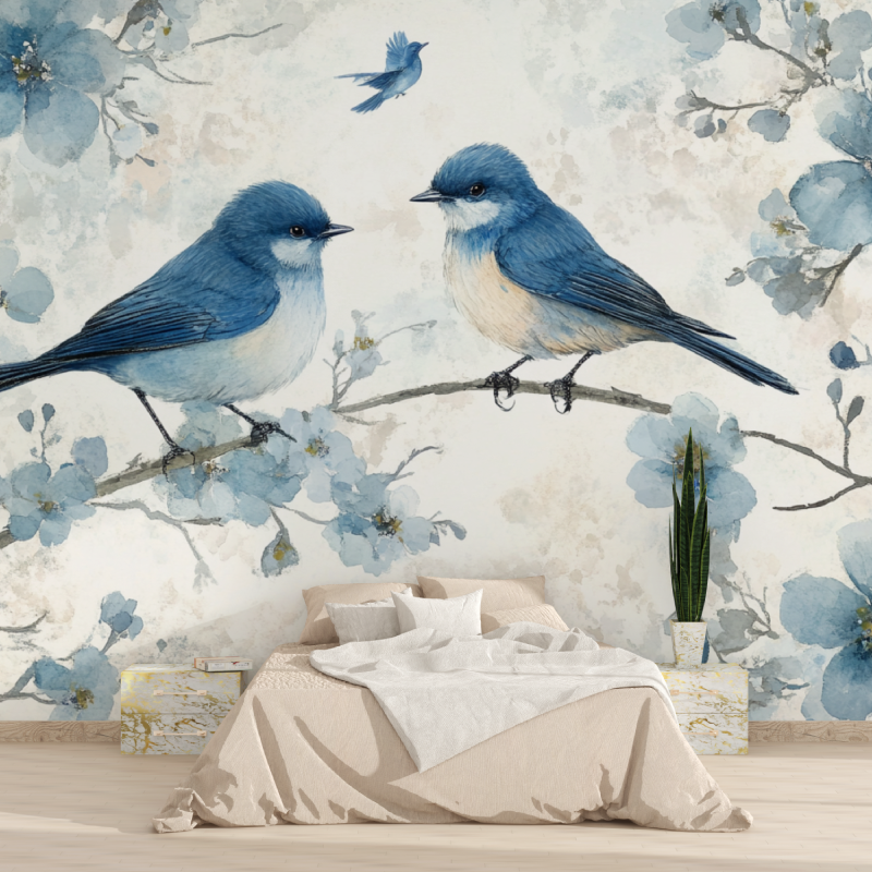 Watercolor Wallpaper with Songbirds on Flowering Branch | Murals Wallpaper