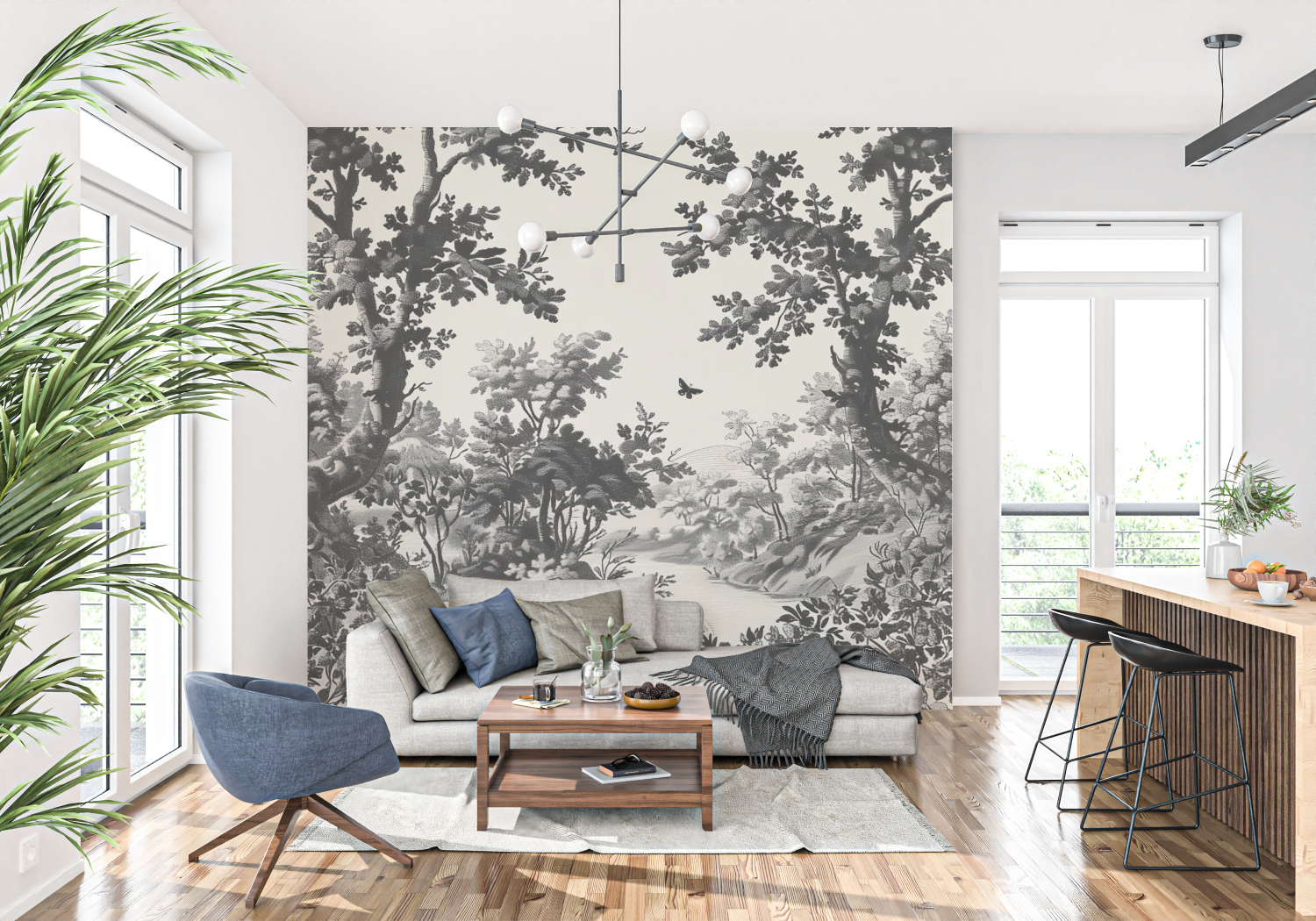 Toile de Jouy Black and White Landscape Wallpaper | Murals Wallpaper