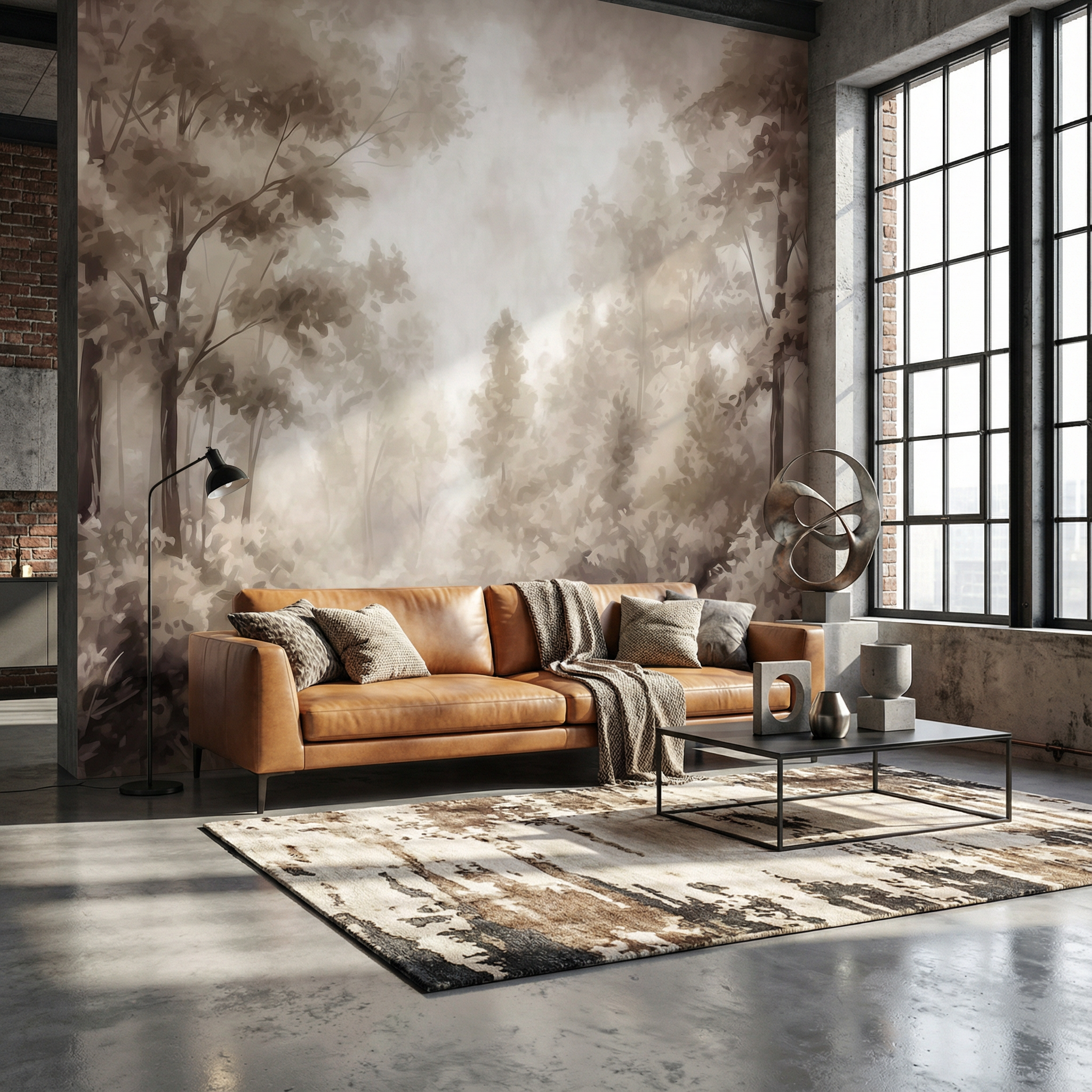 Sepia Misty Forest Illustration Mural Wallpaper