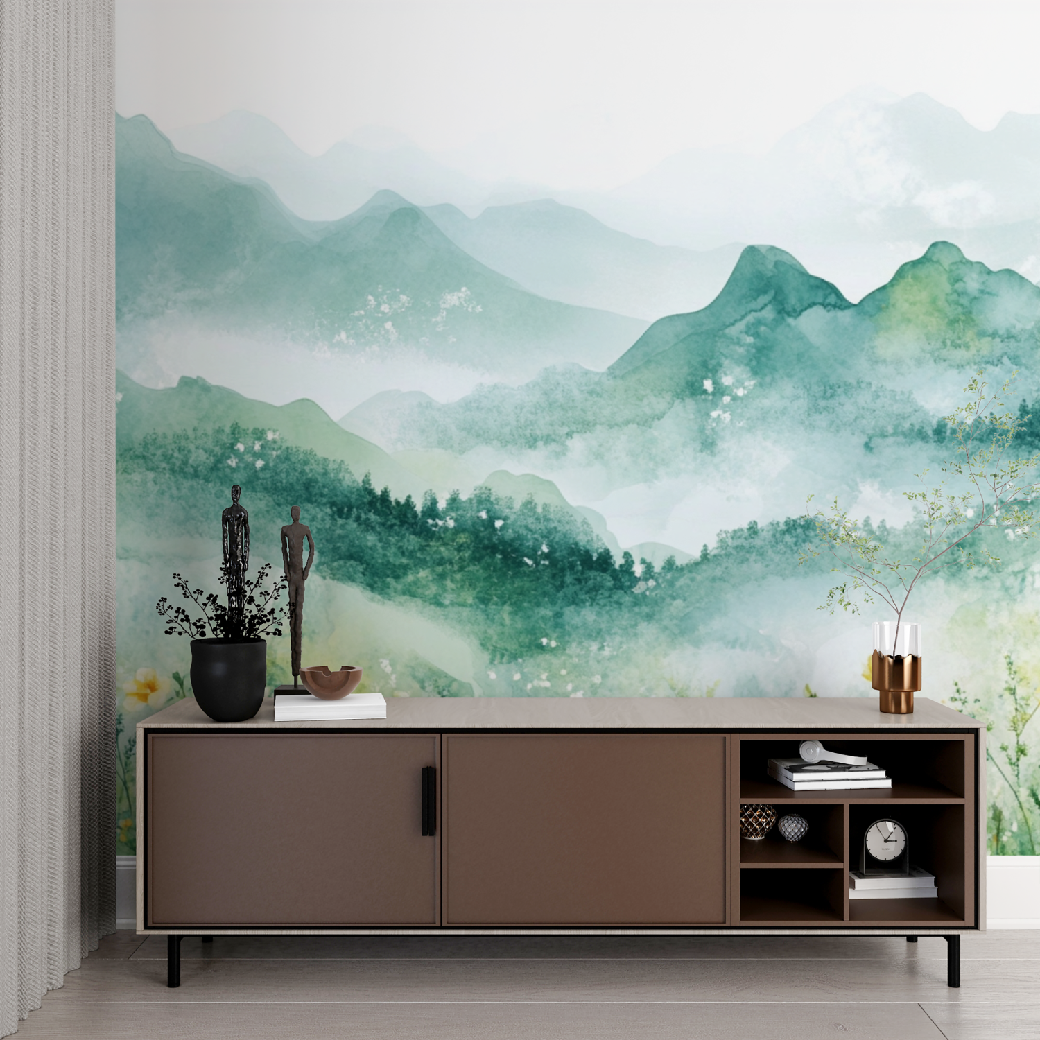 Papel de parede de paisagem floral de aguarela com colinas | Murais Papel de parede