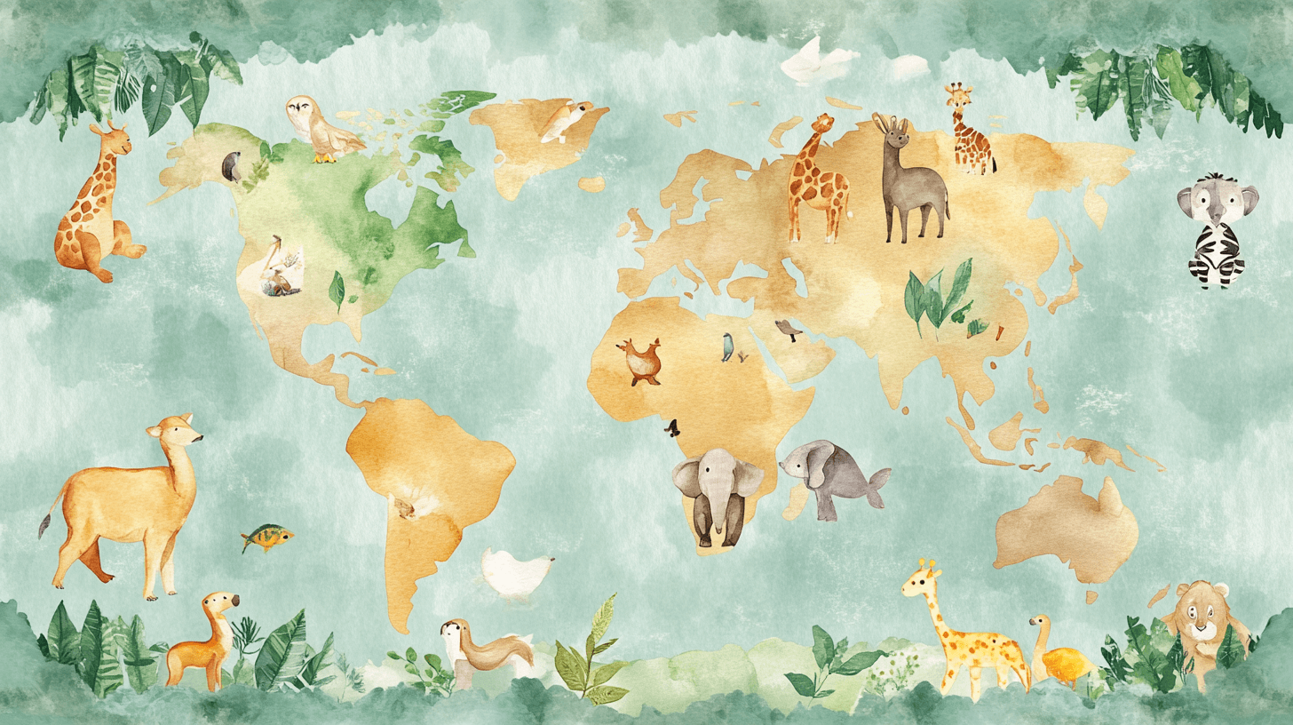 Colored World Map Wallpaper with Animals | Murals Wallpaper
