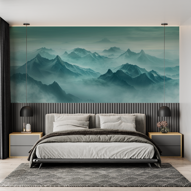 Custom Wallpaper Mountain Mist Turquoise | Murals Wallpaper