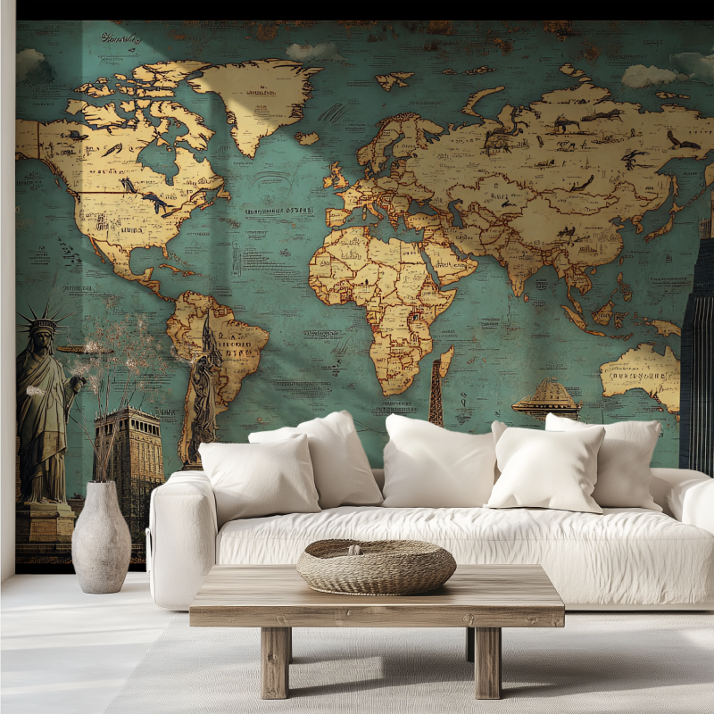 Papier peint carte du monde vintage canape tendance
