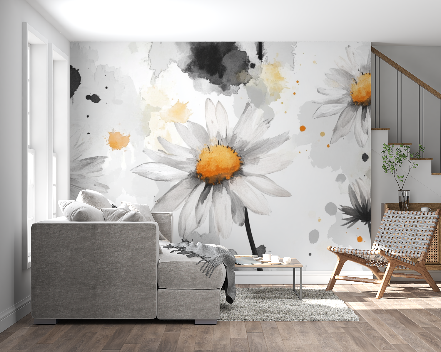 Watercolor Daisy Sketch Wallpaper | Murals Wallpaper