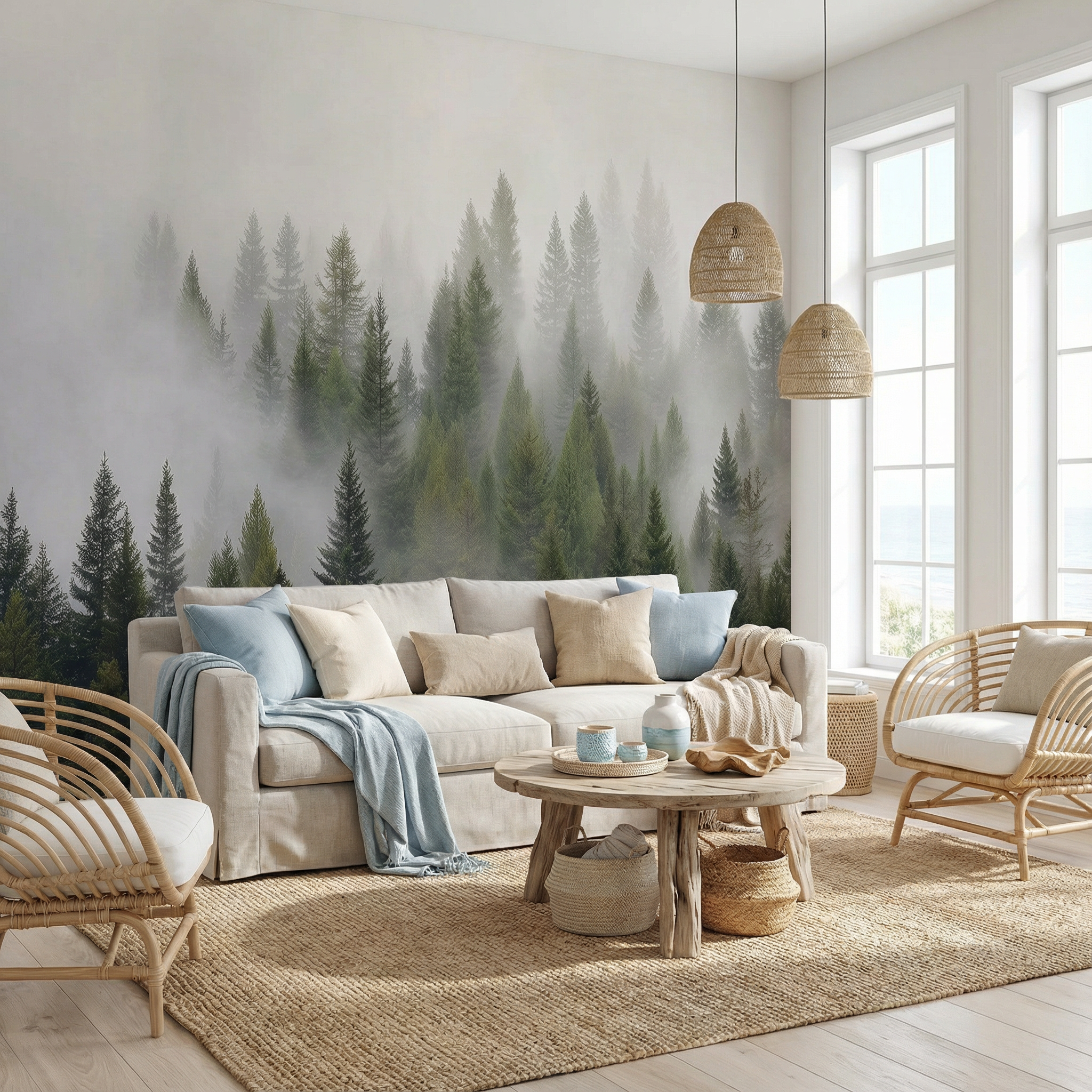 Wandtapete „Nebeliger grüner Kiefernwald“