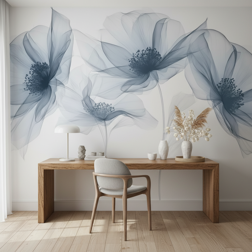 Blue Transparent Floral X-Ray Mural Wallpaper
