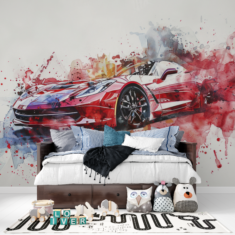 Red Sports Car Watercolor Wallpaper | Murals Wallpaper