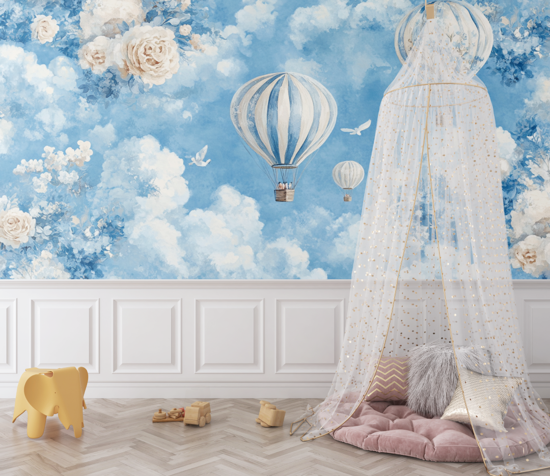 Hot Air Balloon and Flower-Shaped Clouds Wallpaper | Murals Wallpaper