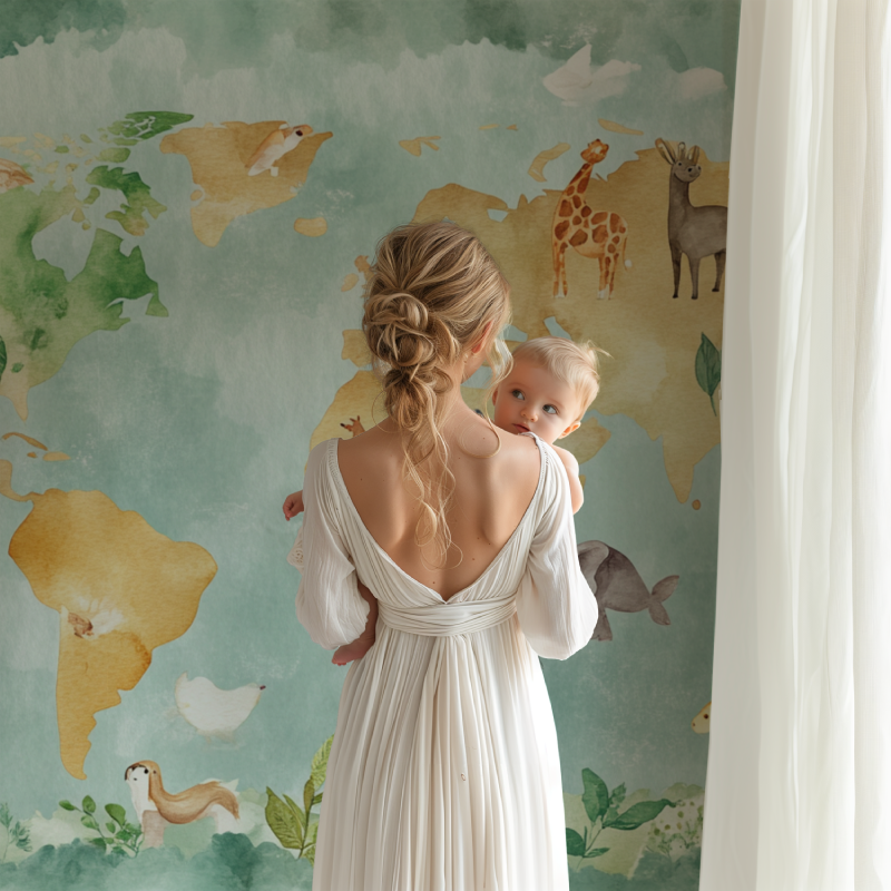 Colored World Map Wallpaper with Animals | Murals Wallpaper