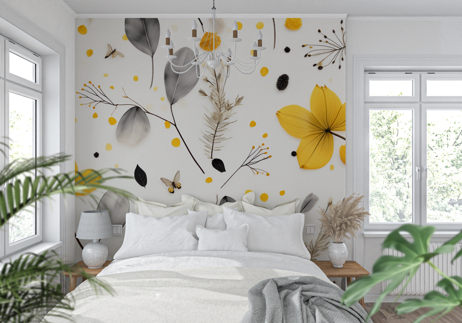 Yellow and Gray Floral Wallpaper | Murals Wallpaper